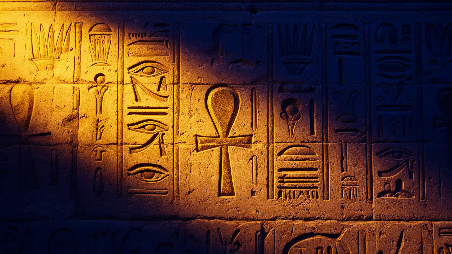 Hieróglifos egípcios em parede de templo iluminados pelo sol